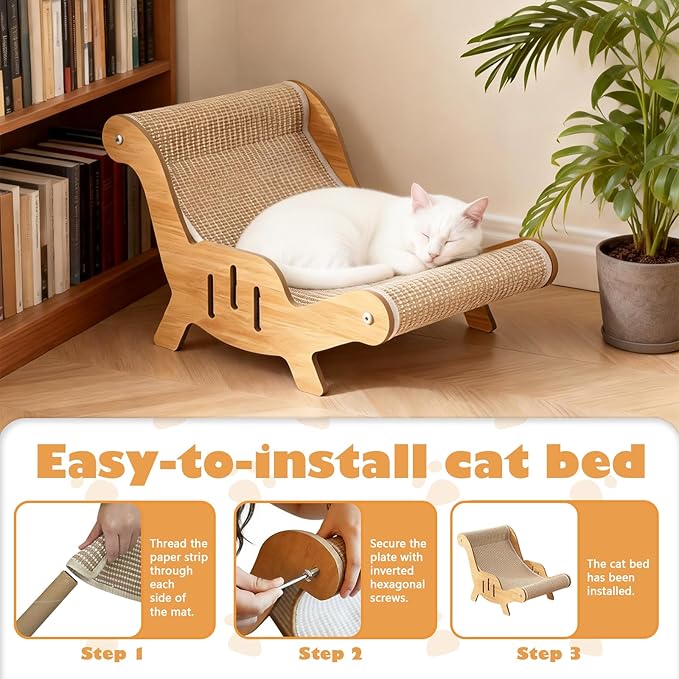Cat Recliner Scraper Board, Cat Scratching Chair, Wooden Sisal Adjustable Cozy Non-Shedding Material for Cats