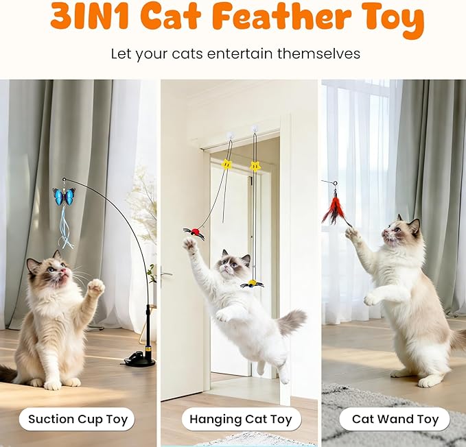 3-in-1 Cat Wand Toys,12Pcs Interactive Cat Feather Toys for Indoor Self Play & Exercise,2 Reusable Strong Suction Cups,2 Hanging Spider Toys for Kitten