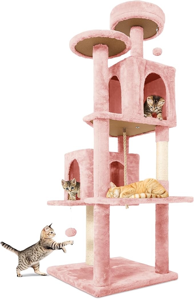 58.5inch Large Cat Tree Tower Condo for Indoor Cats, Soft Plush Multi-Level Climbing Tree Cat House with Cat Cave, Scratching Post, More Entrance/Exit, Sisal Rope, Pink