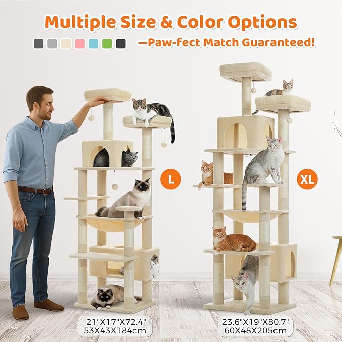 PAWZ Road Large Cat Tree, 72 Inches Cat Tower for Large Cats, Cat Condo with Sisal-Covered Scratching Posts and Pads, 2 Padded Perch, Dual Condo and Basket for Indoor Cats-Beige