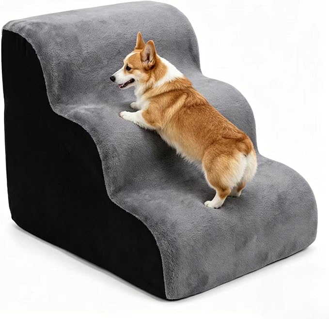 Dog Stairs for Small Dogs，35D Pet Stairs Steps 15” H with Durable Non-Slip Waterproof Fabric Cover, Slope Stairs to Bed for Small Dogs and Cats or Pets Joints, 3 Step Dog Ramp for Couch and Bed