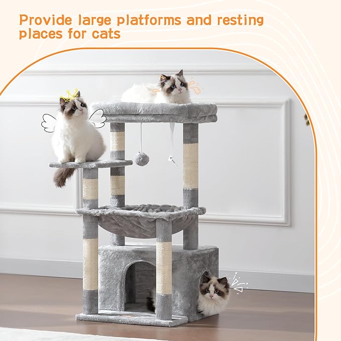 Heybly Cat Tree, Kitten Tower with Large Soft Cat Basket,Cat Condo with Spacious Cat Bed Cave with Hidden Space，Sisal-Covered Scratching Posts,Dangling Ball for Indoor Cats, Light Gray HCT008SW