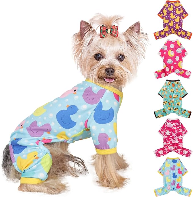 Dog Pajamas Small Sized Boy Girl, Cotton Stretchable Pet Clothes Jammies Puppy Outfits for Dogs Female Male, Spring Summer Doggie Doggy Pjs (Blue Duck, XS)