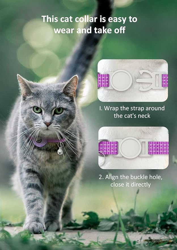 Apple AirTag Cat Collar, GPS Tracker Kitten Collar with Reflective Breakaway Holder and Bell, Lightweight for Cats & Kittens (Purple)