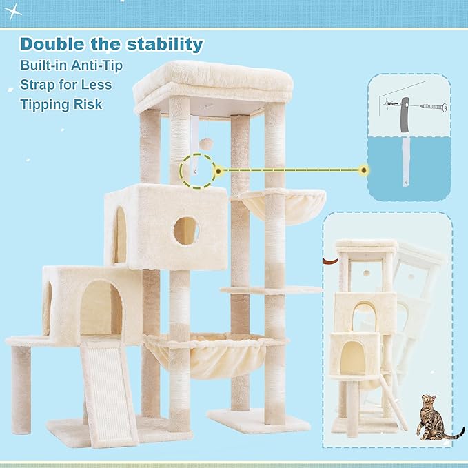 Hey-brother Cat Tree Tower, Scratching Posts with Big Platform, 2 Condos, Spacious Hammock, Cozy Basket, Sisal Board for Indoor Large Adults, 50 Inches Progressive Climbing House, Beige MPJ071M