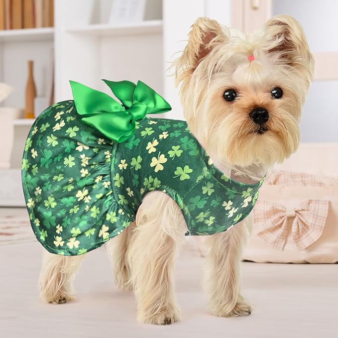 Idepet St. Patrick's Day Dog Dress with Bow Dog Tulle Skirt for Small Dog Girls Green Puppy Dress Cat Apparel Pet Holiday Outfits (Green, X-Large)