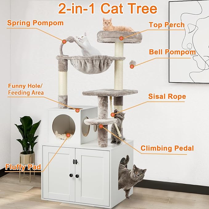 Timberer Cat Tree with Litter Box Enclosure, 2-in-1 Cat Tower for Indoor Cats, Large Wood Cat Condo with Basket, Scratching Posts, Pompoms, White