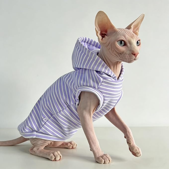 Sphynx Cat Clothes for Cats Only,Classic Striped Hairless Sphinx Cat Clothes Hoodie Shirts, Soft Kitten Sweater Pets Apparel Outfits for Devon Rex, Cornish Rex, Peterbald,Purple,L