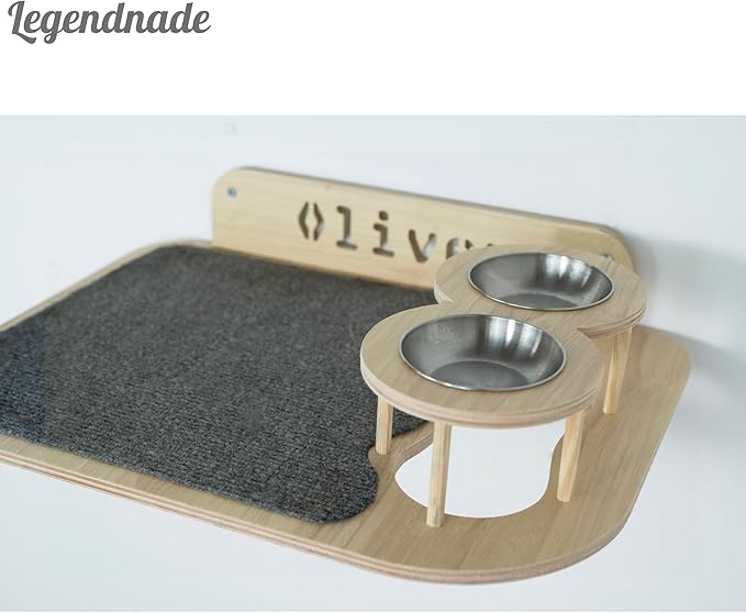 Personalized Cat Shelves, Wood Wall Mounted Furniture, Feeding Shelf with 2 Food Bowls, Large Perch Wooden Toy Bed for Playing Sleeping Scratching, Your Cat Gifts