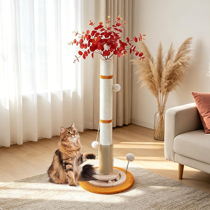 Cat Scratching Post,45'' Tall Scratching Post for Indoor Cats Adults,Cat Scratcher with 3.5Inch Diameter,Sisal Rope,Interactive Ball Toys,Self Groomer Brush for Large Cats Kittens