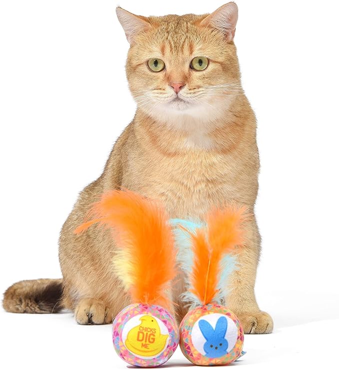 Peeps for Pets Jingle Bell Blue Bunny and Yellow Chick Catnip Cat Toys, 4''- 2 Count | Cat Toy Set with 2 Cat Toys | Catnip Cat Toys Feather Cat Toys Cat Bell Toy, Orange & Pink