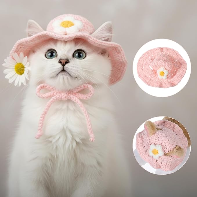2Pcs Hat for Cat, Cat Hats for Cats Only Cotton & Soft Cute Knitted Hats Cats Apparel for Birthday Party Christmas Easter Travel Clothes Accessories (Strawberry and Flower)