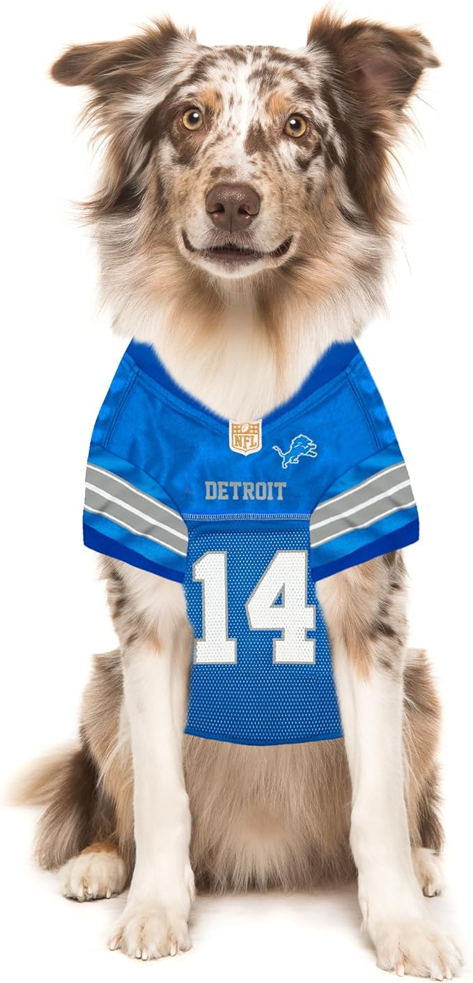 Pets First NFLPA Amon-RA ST Brown Jersey #14, NFL Dog Shirt, Detroit Lions Mesh Jersey, Size Large