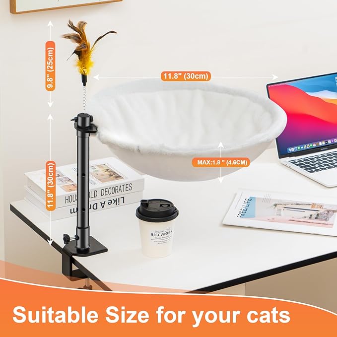 Uross Cat Desk Bed - Adjustable Height & 360 Rotation Cat Desk Perch Mount for Office and Game Tables, Attachment Desktop Bed with 2 Washable Covers, Soft Rabbit Fur& Breathable Mesh -Beige