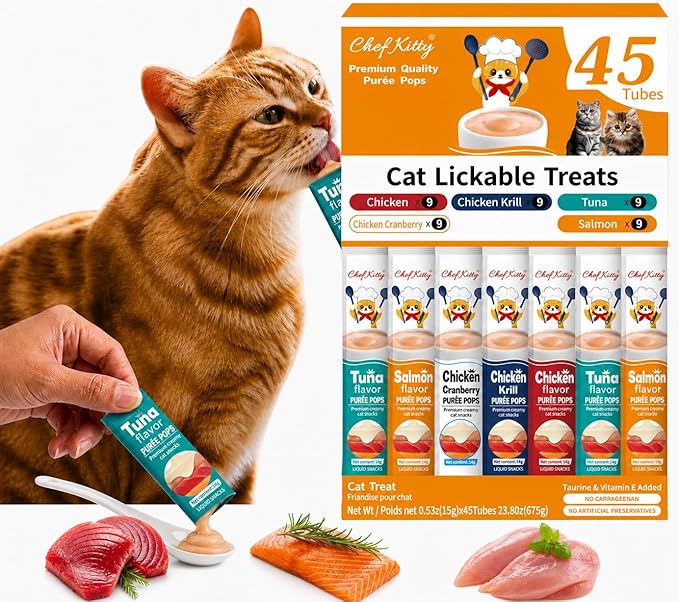 Cat Treats Lickable | Grain-Free Cat Food Toppers, High Protein | Creamy Puree Squeeze Ups with Vitamin E & Taurine, Digestible Formula | 0.5 oz. Each Tube, Chicken & Seafood Mix Variety | 45 Tubes