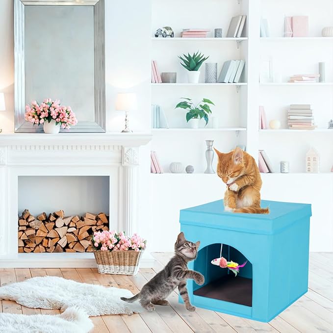 ShellKingdom Collapsible Cat House, Foldable Kitty Cat Cube and Cat Cave with Bed, Cat Stool Condo for Indoor Cats, 13 x 13 x 13 inches (Blue)