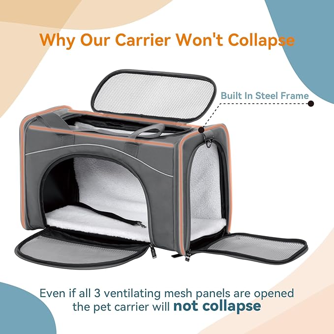 ‌Petsfit Airline Approved Pet Carrier for Small Cats, 15x8x10 TSA Approved Carrier, with Removable Dual-Sided Padding (2-Way Placement) - Fits Under Most Airplane Seats, Escape Proof (Grey)
