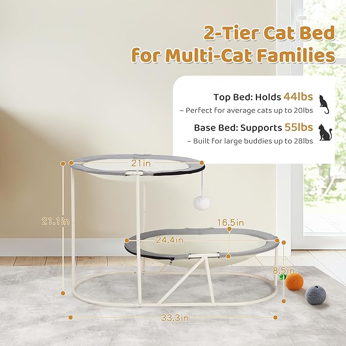Erinnyees 2-Tier Elevated Cat Hammock Bed, Breathable Oxford for Multi-Cat Households, with Removable Washable Mesh, Sturdy Triangular Base & Steel Frame, Mesh Pet Furniture for Indoor & Outdoor Use