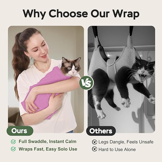 Cat Wrap for Cutting Nails, Self-Adhesive Cat Nail Clipping Restraint Bag, Anti-Scratch Cat Grooming Swaddle for Meds, SubQ Fluids, Ear Cleaning, Teeth Brushing & Vet Visits,Pinkish Purple,S
