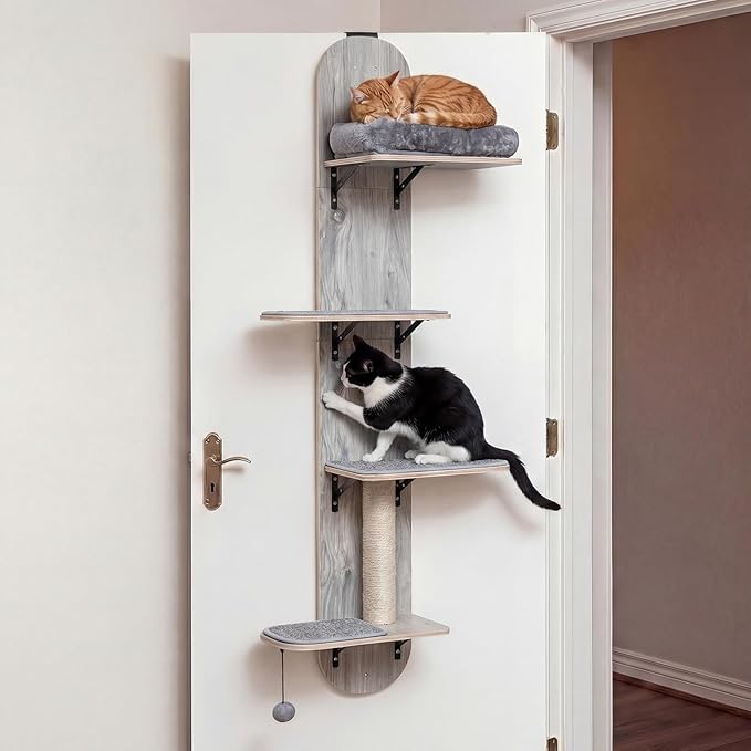 PETSITE Door Mounted Cat Tree, 58.5-61.5 Inches Height Adjustable Hanging Cat Climber with Scratching Post, Detachable Scratching Mats, and Comfy Plush Cat Bed (Grey)