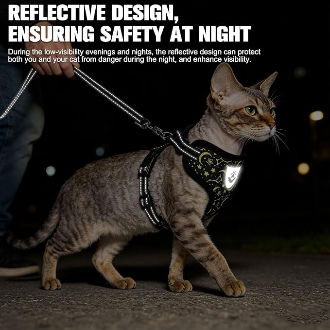 EXPAWLORER Escape Proof Cat Harness and Leash Set - Soft Breathable Vest Harness with Adjustable for Kitten Puppy Outdoor Walking Travel, Reflective Harnesses for Small Medium Large Cats, Star-Moon S