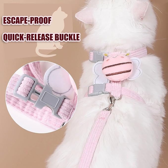 Cat Harness and Leash Set for Outdoor Travel Walking Escape Proof Soft Safe Adjustable Kitten Puppy Small Strap Cute Bee Wings Pink, S