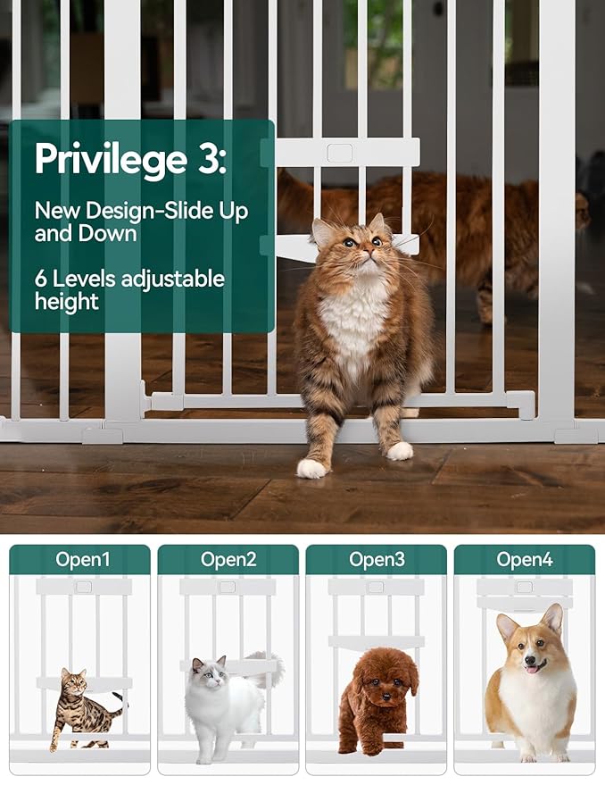 Babelio 36 Inch Extra Tall Baby Gate with Cat Door, 29-40" Metal Dog Gate, Cat Gate for Stairs, Doorways, Auto Close Safety Gate with Pet Door, Easy Walk Thru, White