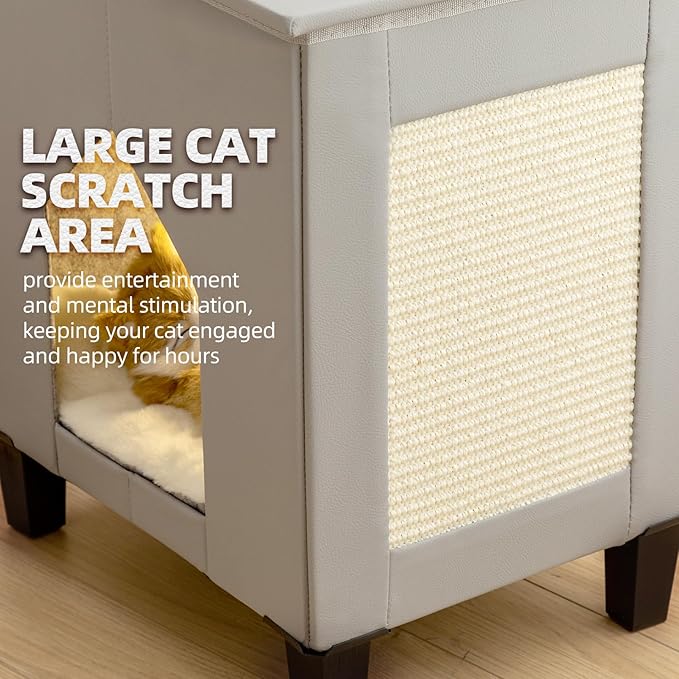 Cat House for Indoor Cats Condo,Cat Furniture with Large Area Scratch Pad，Leather Cat Bed Side Table & Nightstand for Living Room and Bedroom Decoration,Grey