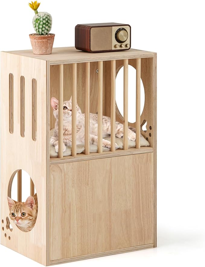 PETSITE 2-Storey Wood Cat House for Indoor Cats, Natural Wooden Double Decker Cat Condo with Removable and Washable Soft Cushions, Air Vents, and Side Entries, Modern Pet Furniture Side Table