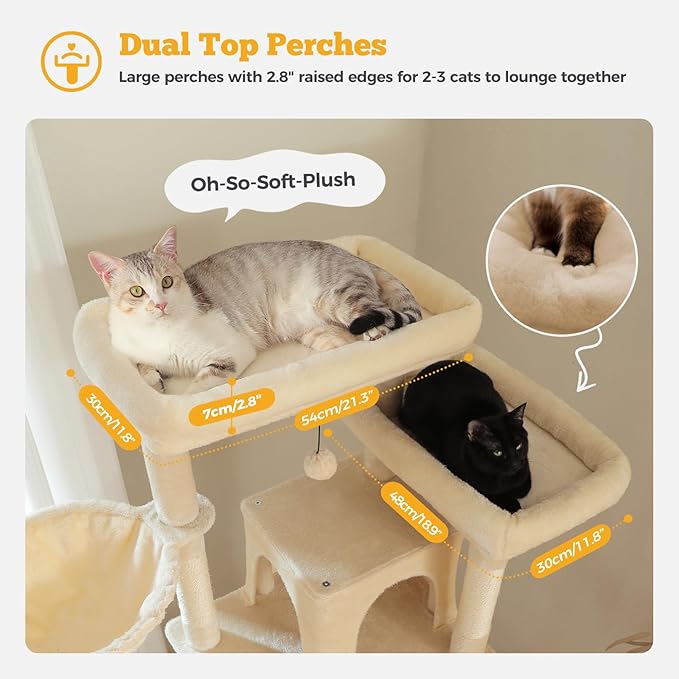 MUTTROS 81" Heavy Duty Cat Tree for Large Cats up to 20lbs - Extra Tall Cat Tower with Metal Frame Hammock, 6 Sisal Scratching Posts, 2 Perches - Indoor Cat Furniture for Maine Coon, Big Cats, Beige