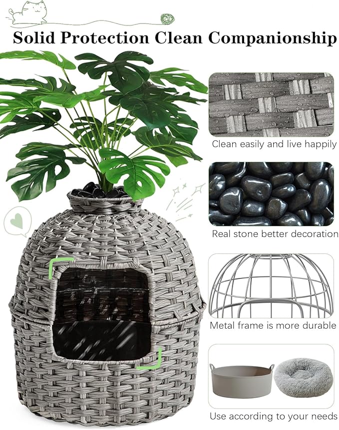 SETVSON Cat Litter Box Plant Enclosure, Hidden Handwoven Rattan with Cat Litter Box Furniture and Artificial Plants, Odor Control Filter, Real Stones in Living Room, Bedroom, Corner (Gray)