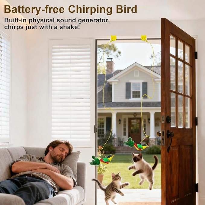 Battery-Free Flying Bird Cat Toy for Indoor Cats,Physically Generates Realistic Chirps, with Suction Cup Adhesive Strips & Lanyard (Green)