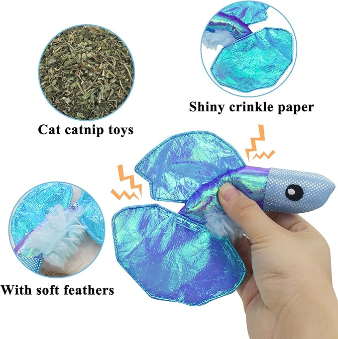 Andiker Cat Catnip Toys,Crinkle Catnip Fish with Rustling Shiny Crinkle Paper and Natural Catnip,Cat Interactive Toys for Indoor Cats for Promoting Digestion and Adjusting Emotion (Blue Fish)