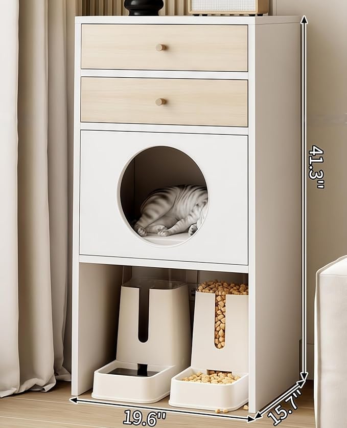Multi-Function Cat House Furniture, Solid Wood Cat Condo with Storage Drawer, Pet Bed & Feeding Area, Compact Cat Cabinet (White & Natural,19.6" L*15.7" W*41.3" H)