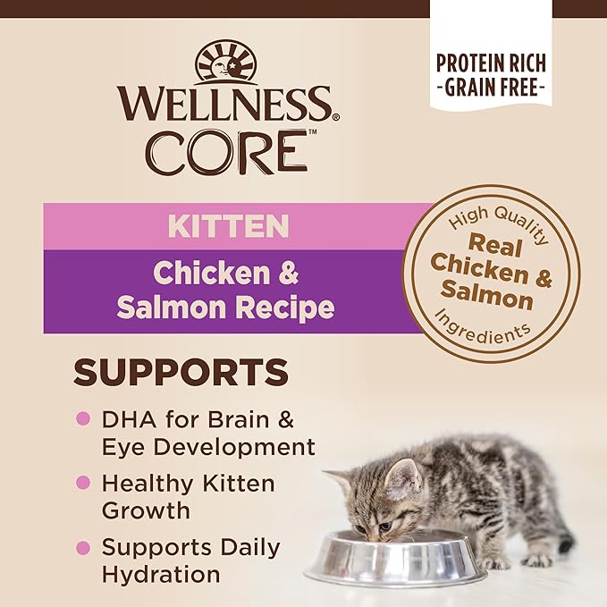 Wellness CORE Pate Kitten Canned Wet Cat Food, Natural, Protein Rich, Grain Free, Chicken and Salmon Recipe, 3 oz, Pack of 12 Cans
