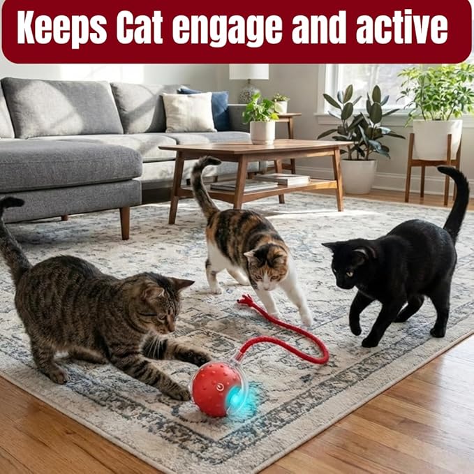 Interactive Cat Ball Toy with 3 Working Modes, Automatic 5-Minute Timer, Stimulate cat Hunting Instincts, Wand Teaser for Cats, Rechargeable, Suitable for All Floor (Red)