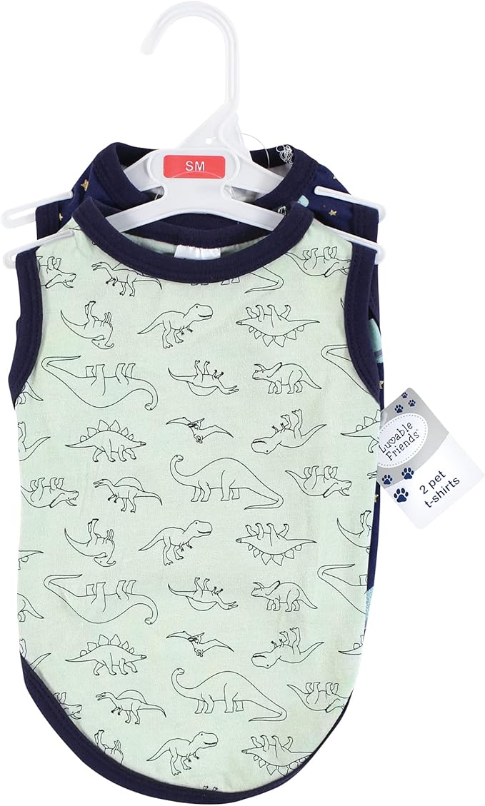 Luvable Friends Dog Pet Dog and Cats Cotton T-Shirts 2pk, Dino Space, Large