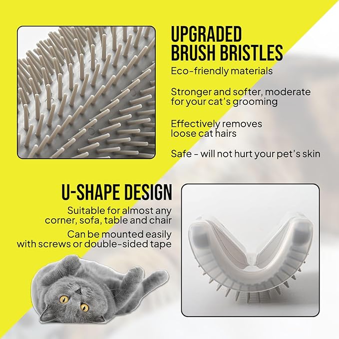 Cat Self Groomer – Wall Corner Grooming Brushes for Cats and Small Pets – Soft Massage Brush for Shedding Control and Face Rubbing (Grey)