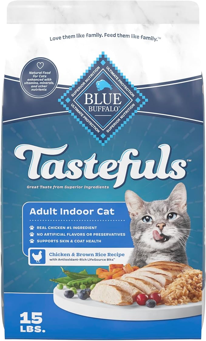 Blue Buffalo Tastefuls Natural Dry Food for Adult Indoor Cats, Chicken & Brown Rice Recipe, 15-lb Bag
