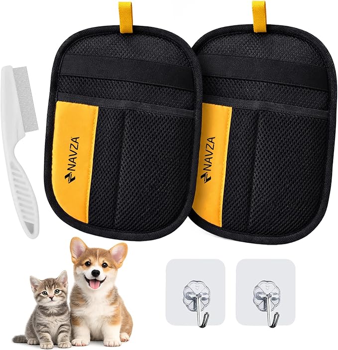 Pet Hair Removal Glove for Dogs & Cats – Reusable Electrostatic Pet Hair Remover Glove Quick Wiping & Washable – 2PCS Magic Brush pet Hair Tool with Comb & 2 Wall Hooks