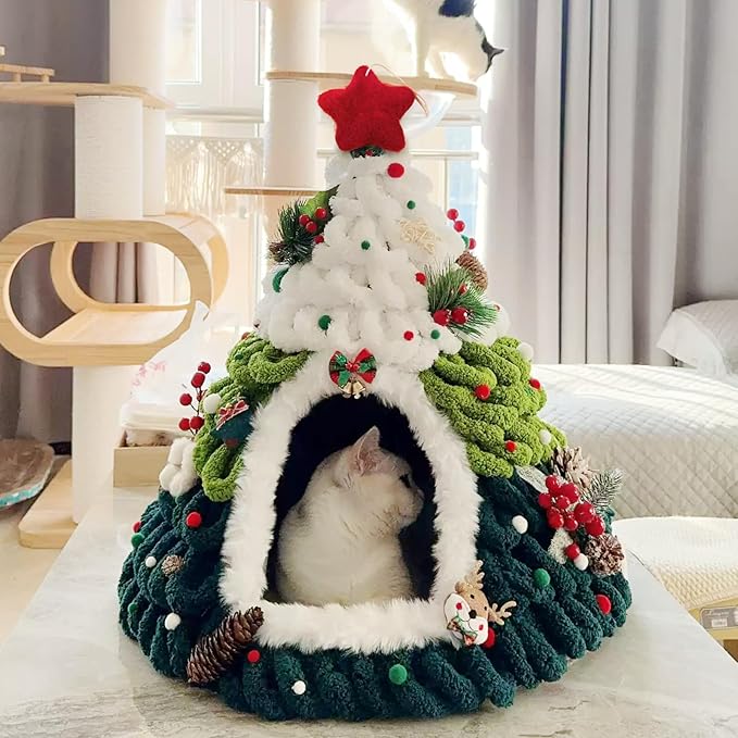 DIY Christmas Tree Cat Bed Set, Christmas Pet Tree House Package, DIY Felt Xmas Cave, Indoor Kittens Felt Nest Cats Hideaway, Teepee Furniture Decorations for Family & Friends (B, Under 12lb)