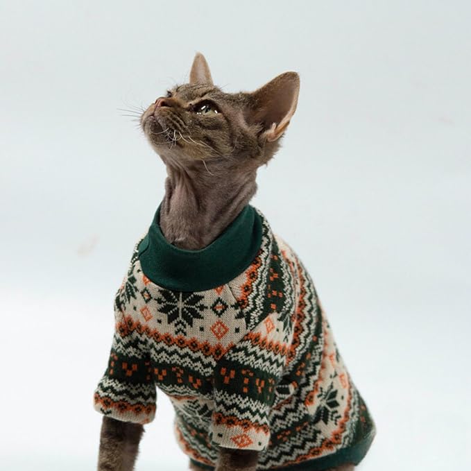 Cat Festive Sweater Pullover, Classic Soft Warm Christmas Clothes for Hairless Sphynx, Devon & All Indoor Kittens (Geometric,S)