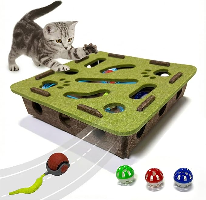 Interactive Soft Felt Cat Puzzle Toy with Ball and Bell，Cat Toy Box for Indoor Cats and Kittens，Indoor Hunting Play Toy to Stimulate Your Cat’s Energy and Instincts (Green+Orange Power Ball)