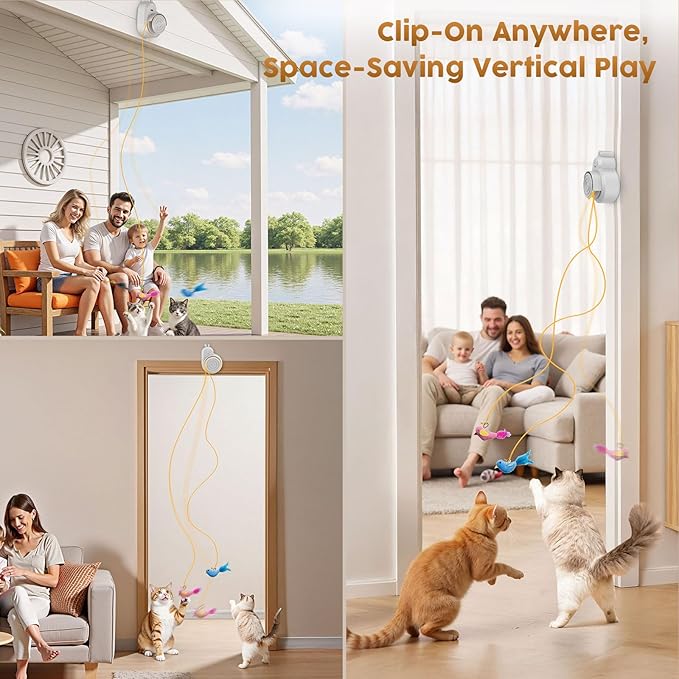 Interactive Cat Toys for Indoor Cats - Automatic Flying Bird Feather & Mouse Wand Enrichment Toy, Hands-Free or Handheld USB-Rechargeable Safe Play Chase Exercise for Bored Kittens and Adult Cats
