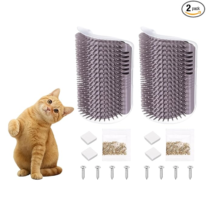 Self Grooming Cat Brush, Cat Self Groomer Scratcher with Catnip Softer Scratchers Wall Corner Groomer Massage Combs (2Pcs, S, Grey) for Long Short Fur Pets/Kittens/Puppies