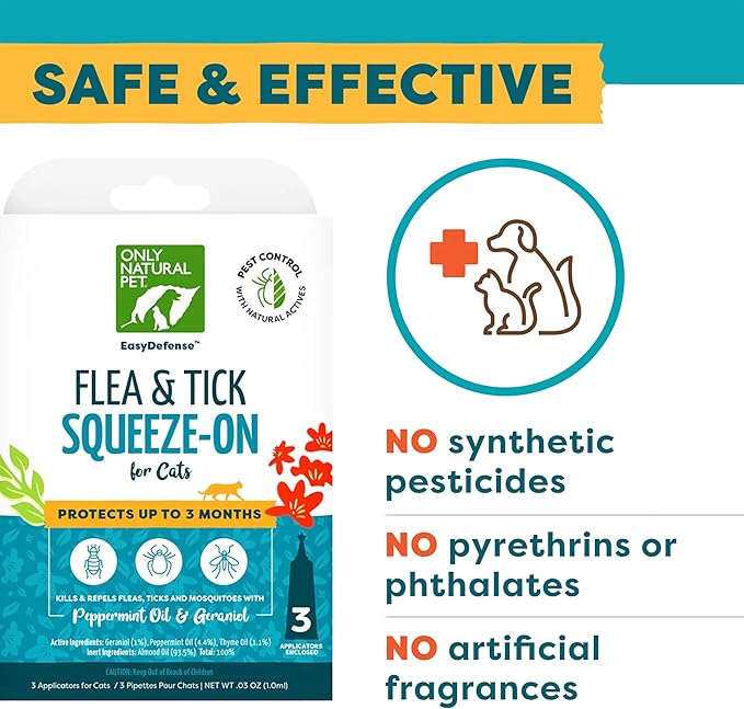 Only Natural Pet Flea and Tick Prevention for Cats - EasyDefense Flea Remedy - Natural Flea Treatment Control Squeeze-On Drops - Tick and Flea Protection - Three Months Supply (Single)