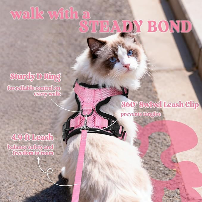 rabbitgoo Cat Harness and Leash for Walking, Escape Proof Soft Adjustable Vest Harnesses for Cats, Easy Control Breathable Reflective Strips Jacket, Pink, M