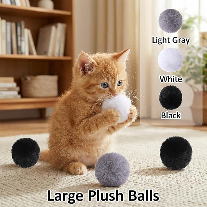 12 Pcs Cat Pom Pom Balls, Rabbit Fur Ball Cat Toy Fluffy Soft Fuzzy Balls for Cats Pets Interactive Playing Indoor, 2.75 Inches in Diameter (Gray Black White)