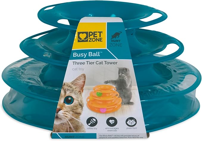 Pet Zone Busy Ball Three Tier Cat Tower Plastic Rattle Toy Fun Cat Toy with 3 Balls for Hunting Instincts,