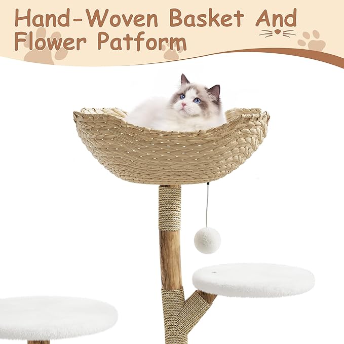 Modern Real Wood Cat Tree Tower, Multi-Level Cat Condo with Natural Wicker Basket, Scratching Posts & Dangling Balls, Tall Climbing Trees Pet Furniture with Platforms for Large Cats, One Branch